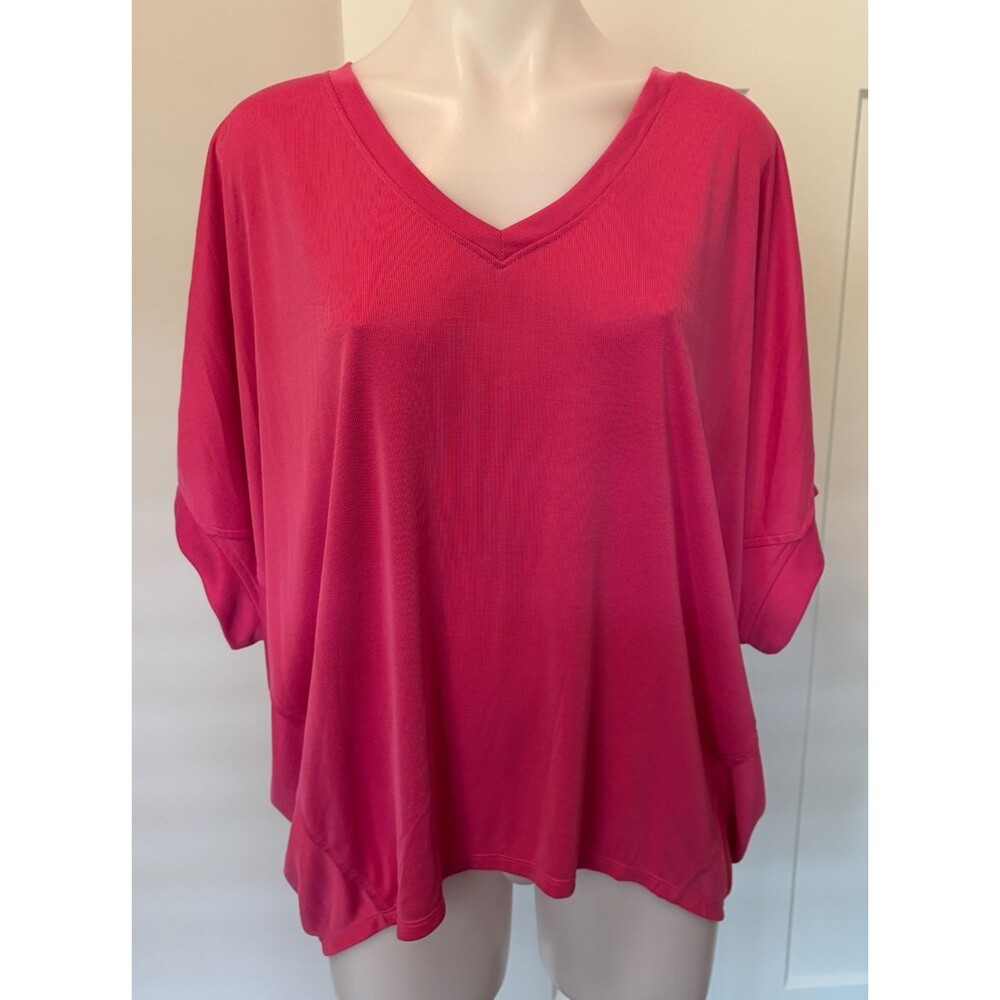 CHICOS Womens  Knit TOP Short Sleeve PINK V-Neck Boxy Fit Size 3 (XL)